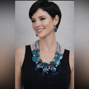 Teal&Goldtone Necklace& Drop Earrings Set.